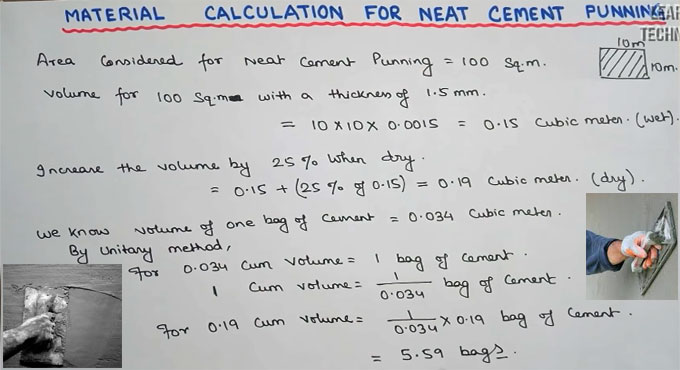 How to work out the cement quantity for neat cement in 100 sq.m flooring area