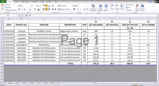 Use of Excel Spread Sheet by a Quantity Surveyor for Material Stock Taking