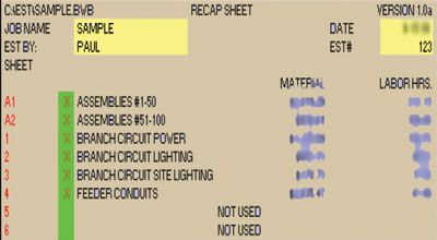 Electrical estimating sheets
