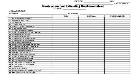 Construction Cost Estimating Breakdown Sheet Construction Spreadsheet
