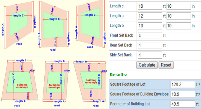 Construction calculator for estimation of lot and building envelope square footage