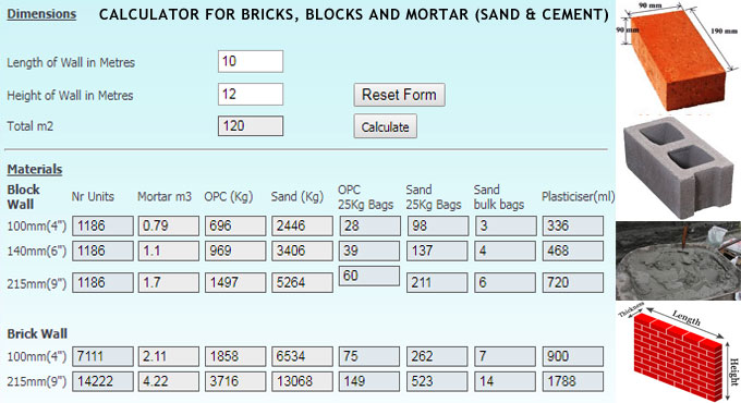 The online calculator for bricks, blocks and mortar (sand & cement)