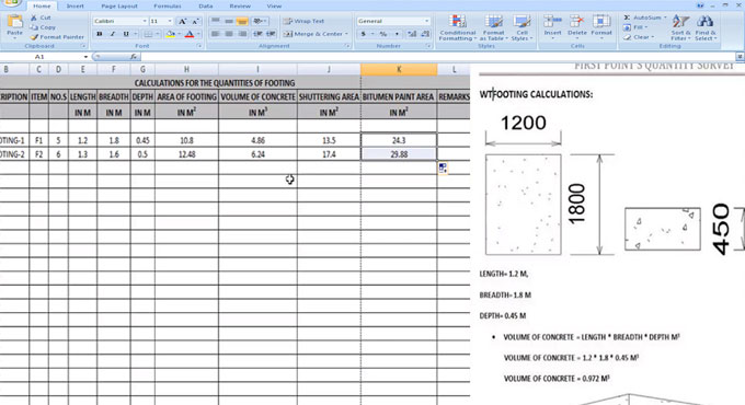 How to use excel sheet to calculate footing quantities