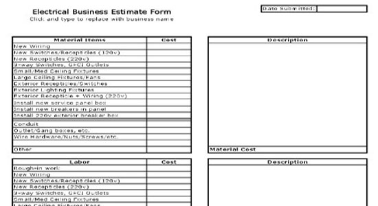 Electrical Business Estimate Sheet