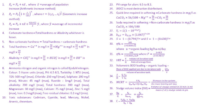 Formula Chart of Civil Engineering - Environmental Engineering