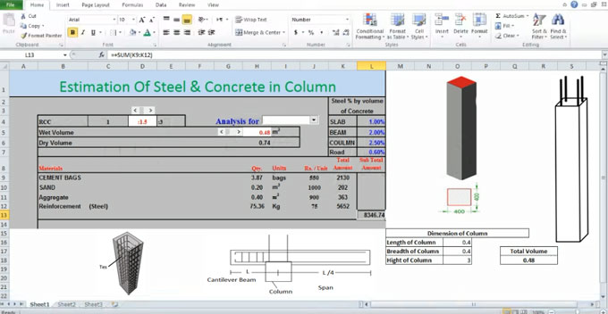 How to calculate the quantity of steel and concrete in concrete column