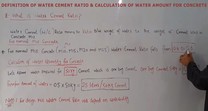 Definition of water cement ratio & calculation of water amount for concrete