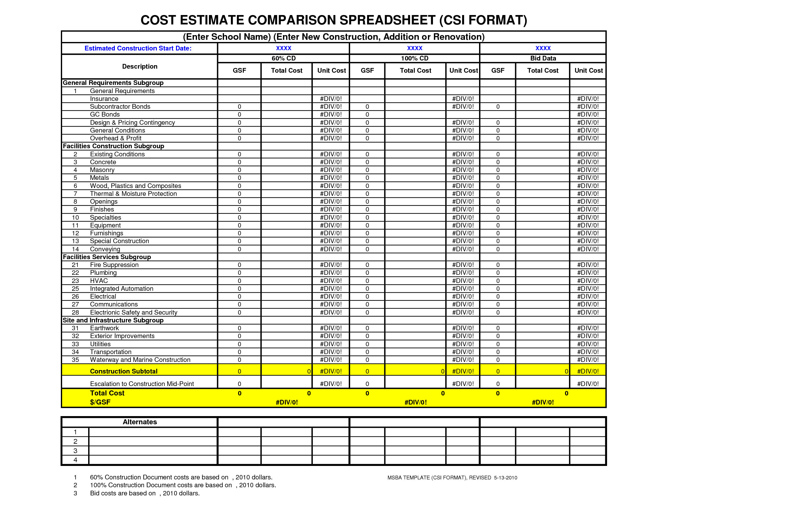 Cost Estimate Comparison Spreadsheet CSI Format
