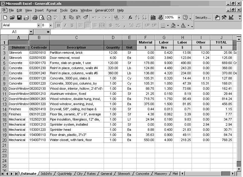 general cost estimating sheet