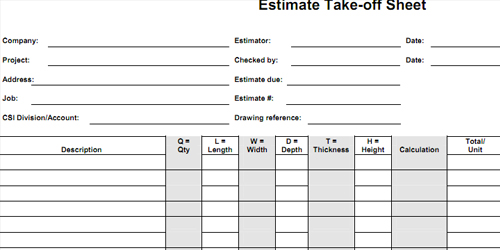 Bid Form | Estimate Worksheet | Cost Sheet | Estimate Format