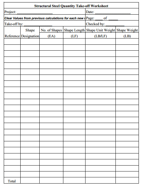structural steel takeoff sheet
