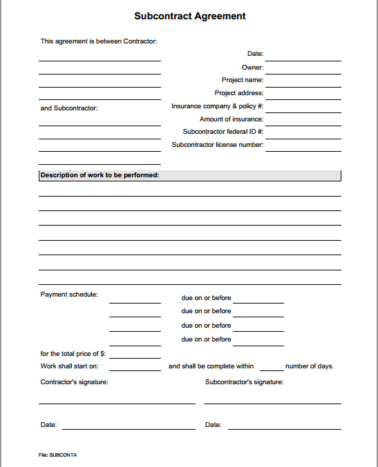 subcontract agreement form